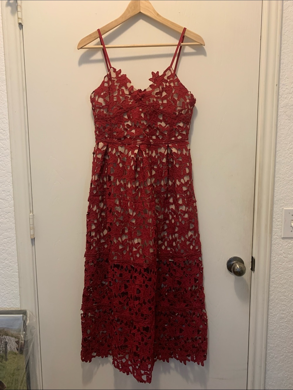 Red Lace Spaghetti Strap Midi Dress - Women
